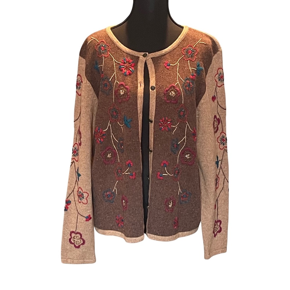 VTG Brown Floral Embroidered Beaded Cardigan Sweater M Y2K Cottagecore